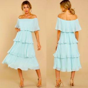 Opal blue ruffle midi dress